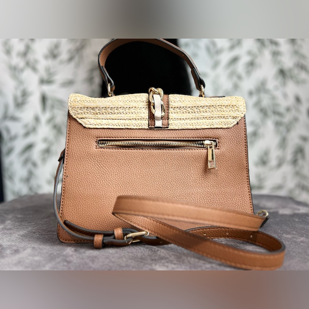 ALDO with Brown/Cream Flap Closure Top Handle Crossbody Strap Gold Hardware Bag - Picture 7 of 13